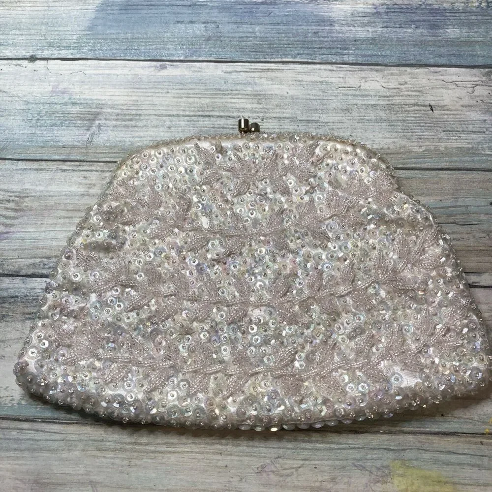 Vintage Beaded Sequin Evening Purse Clutch Made in Hong Kong Ivory Iridescent 8